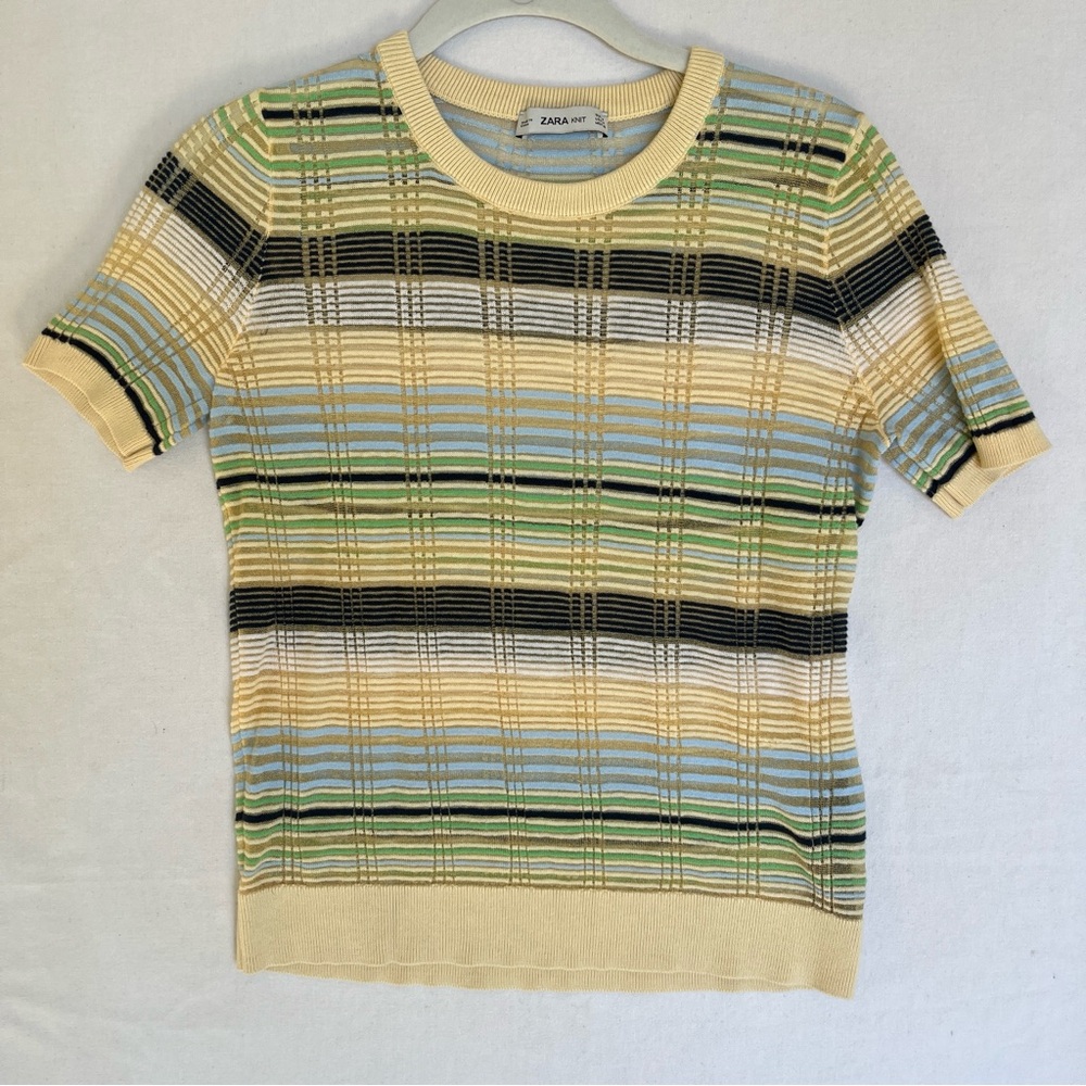Zara Navy Cream Stripe Semi Sheer Knit Sweater Top NWOT MED